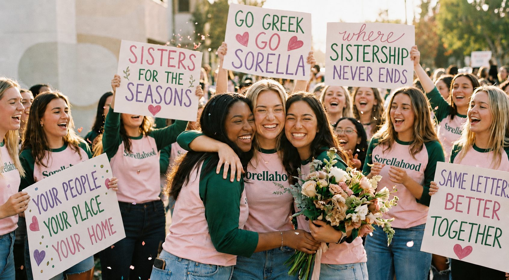 A crowd of sorority women in Sorellahood shirts celebrating during rush with hand-painted signs, flowers, and confetti