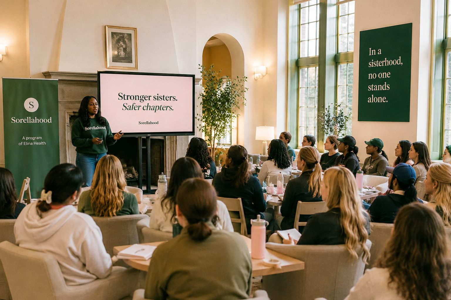 Sorellahood facilitator presenting to a room of sorority members in a chapter house